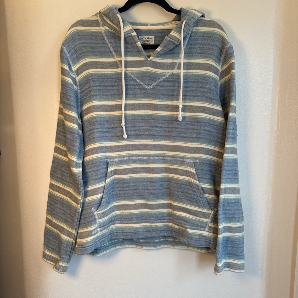 Lucky Brand Loop Terry Berigated Blue and Cream Striped Hooded Pullover